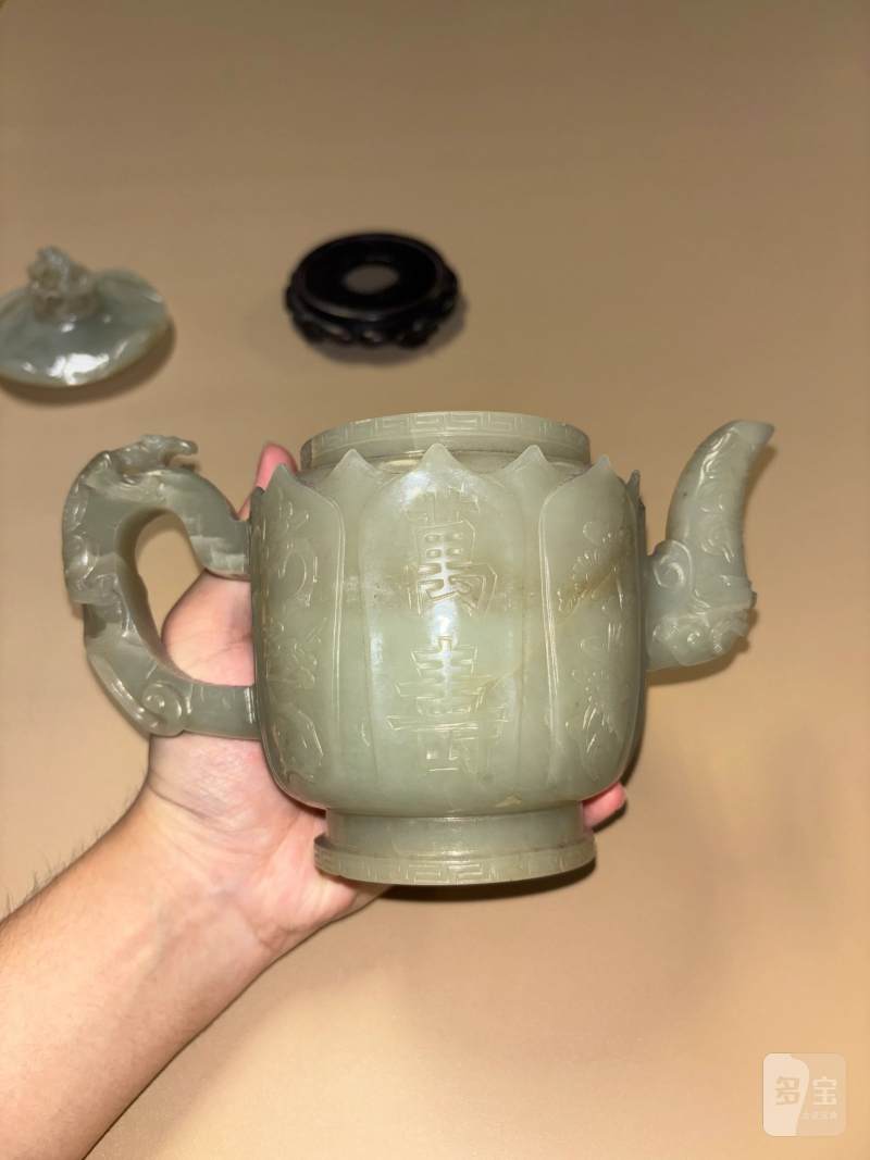 明 白玉万寿纹莲花式执壶 - 图4